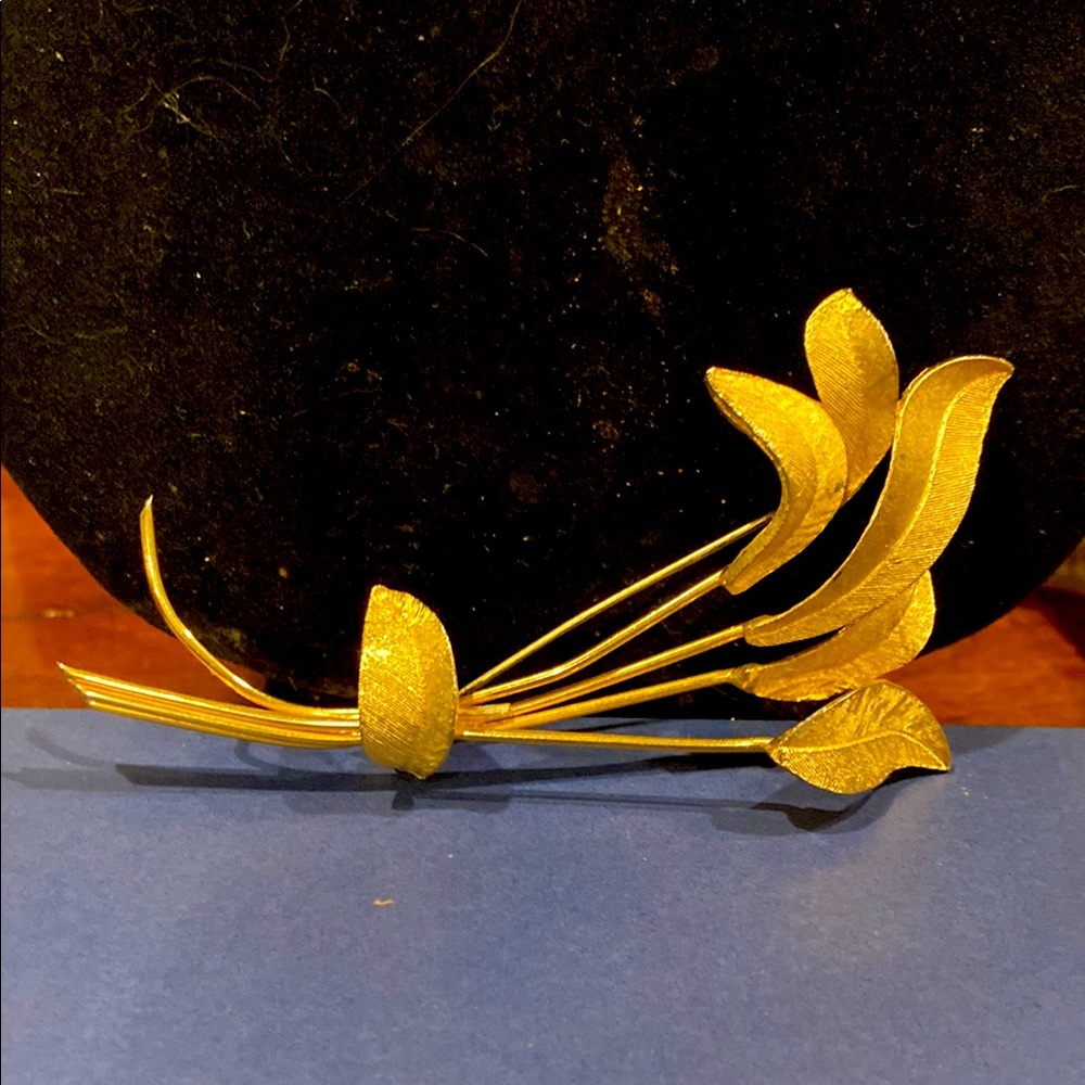Gold Tone Leaf Brooch. Brushed Gold Tone and Shiny.